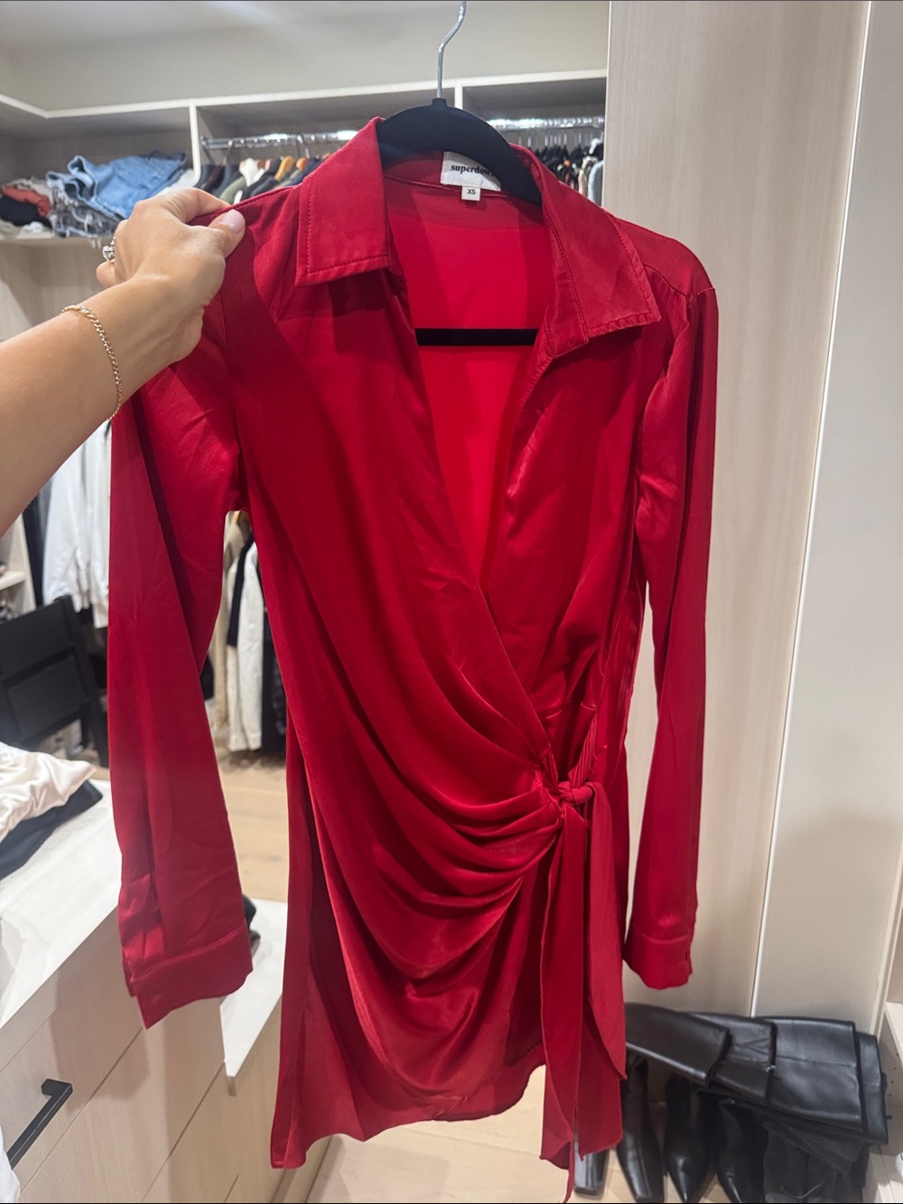 superdown Red Satin Wrap Shirt Dress with Side Knot